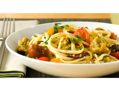 Linguini with Tomatoes, Capers, Olives & Falafel