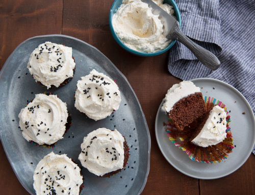 Tahini butter cream on chocolate cupcakes (vegan, gluten free)